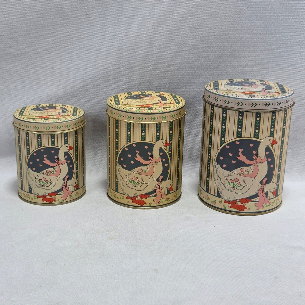 Vintage Country Goose Nesting Kitchen Canister Tin Set 3 Piece Farmhouse Decor